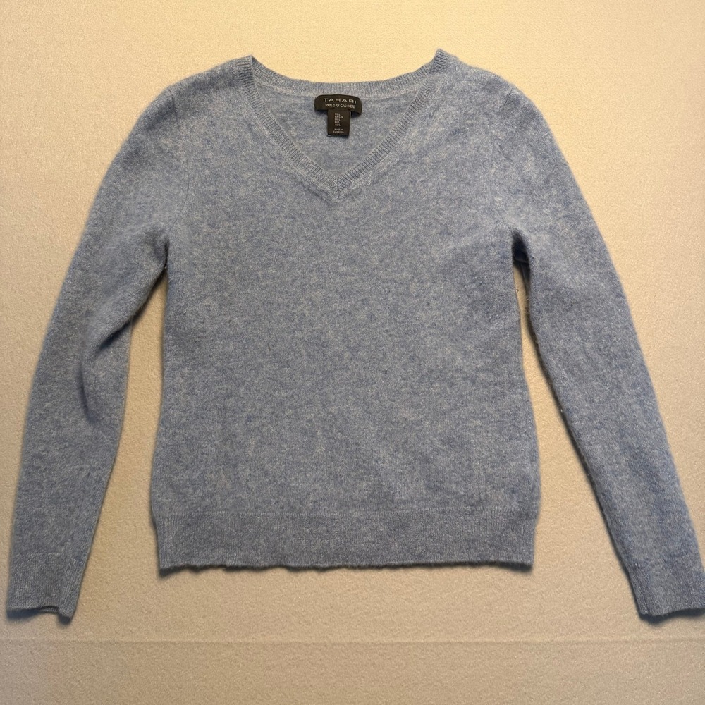 Tahari V-Neck 100% 2-Ply Cashmere Sweater Light Blue Women Size L